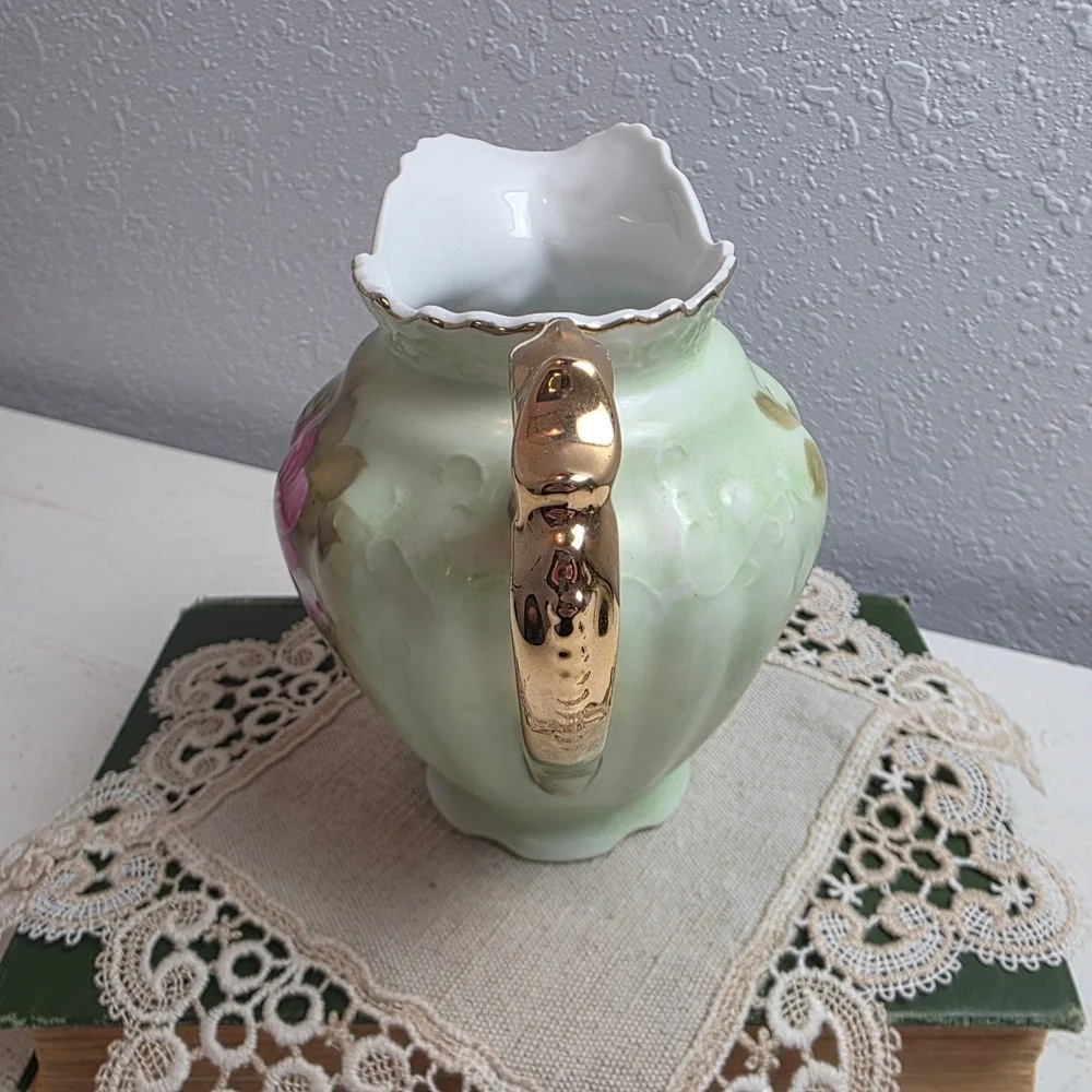Vintage Lefton Hand‎ Painted Rose Porcelain Pitcher Green Gold Gilt Scallop Rim